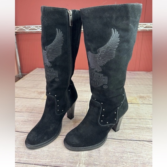 Harley-Davidson Shoes - Harley Davidson Black Suede Knee High Boots Womens 7 Logo Wings Embroidery